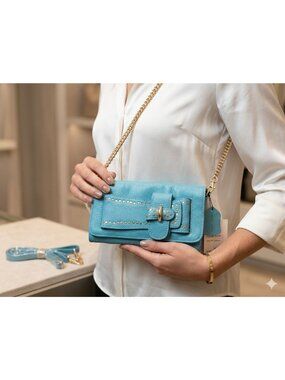 NWT Charme's Genuine Leather Peacock Blue Crossbody bag Gold Chain Strap Stud